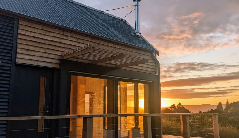 Glamping bothy with morning sunrise